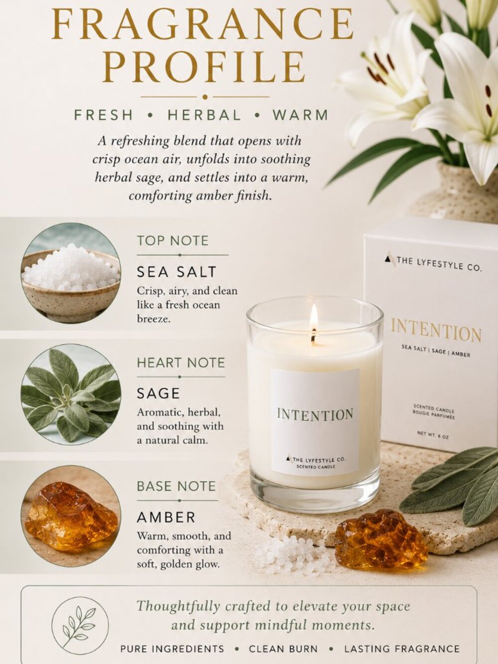 The Lyfestyle Co Intention 8 oz Candle Sea Salt Sage Amber Luxury NIB - Picture 2 of 5